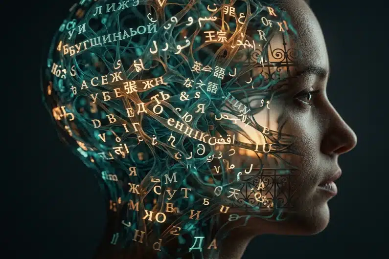 Une représentation métaphorique et surréaliste de l'esprit d'un hyperpolyglotte, montrant un réseau complexe de scripts linguistiques lumineux s'entrelaçant dans une lueur ambrée et turquoise.